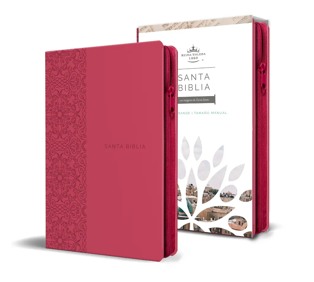 Biblia Reina Valera 1960 letra grande. Símil piel fucsia, cremallera, tamaño manual