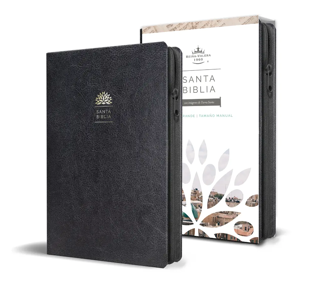 Biblia Reina Valera 1960 letra grande. Símil piel negro, cremallera, tamaño manual