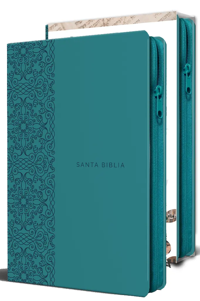 Biblia Reina Valera 1960 letra grande. Símil piel aguamarina, cremallera, tamaño manual