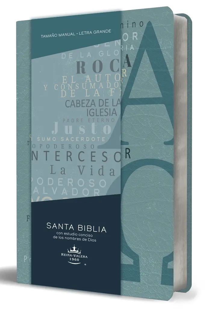 Biblia RVR 1960 letra grande tamaño manual, simil piel azul Alpha Omega con nombres de Dios