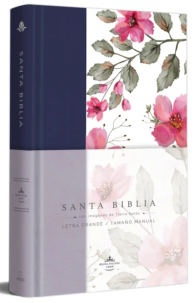 Biblia RVR 1960 letra grande. Tapa dura tela azul púrpura con flores tamaño manual