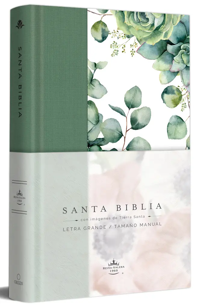 Biblia RVR 1960 letra grande Tapa dura y tela verde con flores tamaño manual