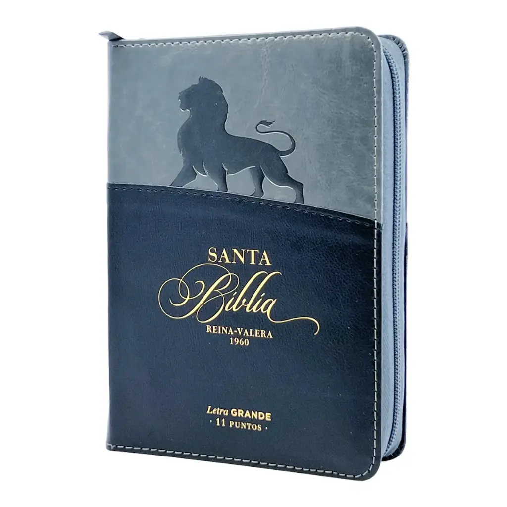Biblia Reina Valera 1960 tamaño portátil Letra Grande 11 puntos Imitación Piel negro/gris con león. Cierre e índice. Colección Expresión.