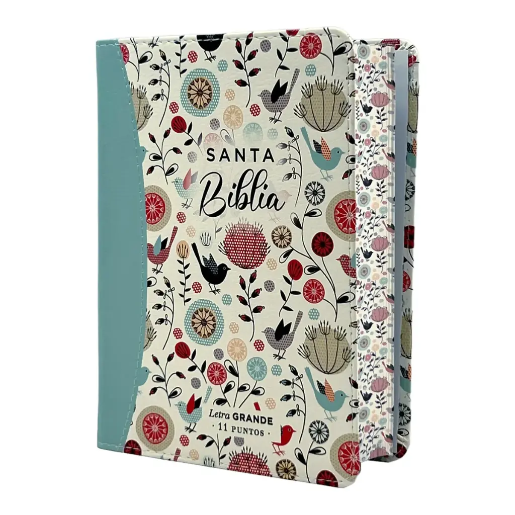 Biblia Reina Valera 1960 tamaño portátil Letra Grande 11 puntos Imitación Piel floral turquesa. Canto pintado. Colección Primaveral.