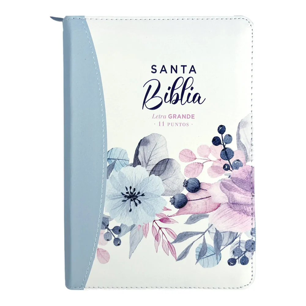 Biblia Reina Valera 1960 tamaño portátil Letra Grande 11 puntos Imitación Piel celeste. Con cierre. Canto pintado. Colección Primaveral.