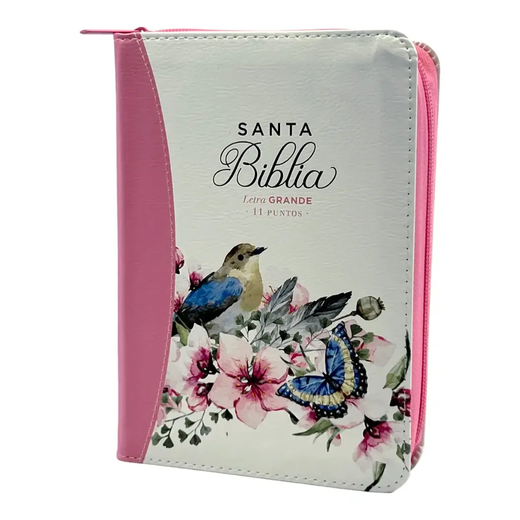 Biblia Reina Valera 1960 tamaño portátil Letra Grande 11 puntos Imitación Piel rosa. Con cierre. Canto pintado. Colección Primaveral.