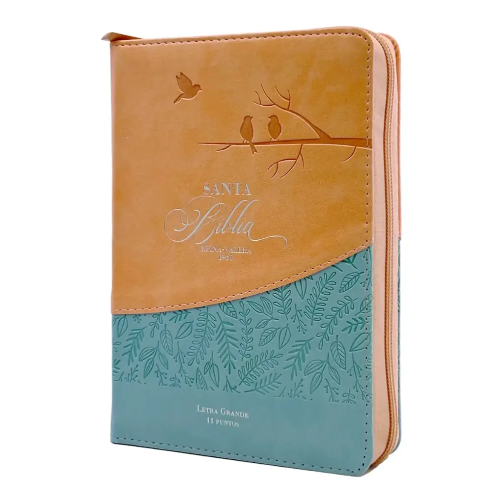 Biblia Reina Valera 1960 tamaño portátil Letra Grande 11 puntos Imitación Piel rosa/azul pájaros. Con cierre e índice. Colección Entusiasmo.