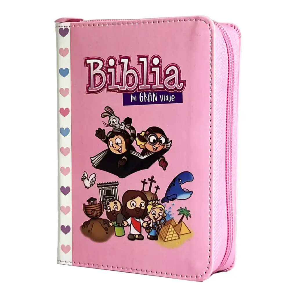 Biblia Reina Valera 1960 para niños Mi gran viaje. Tamaño bolsillo Imitación Piel rosa con cierre.