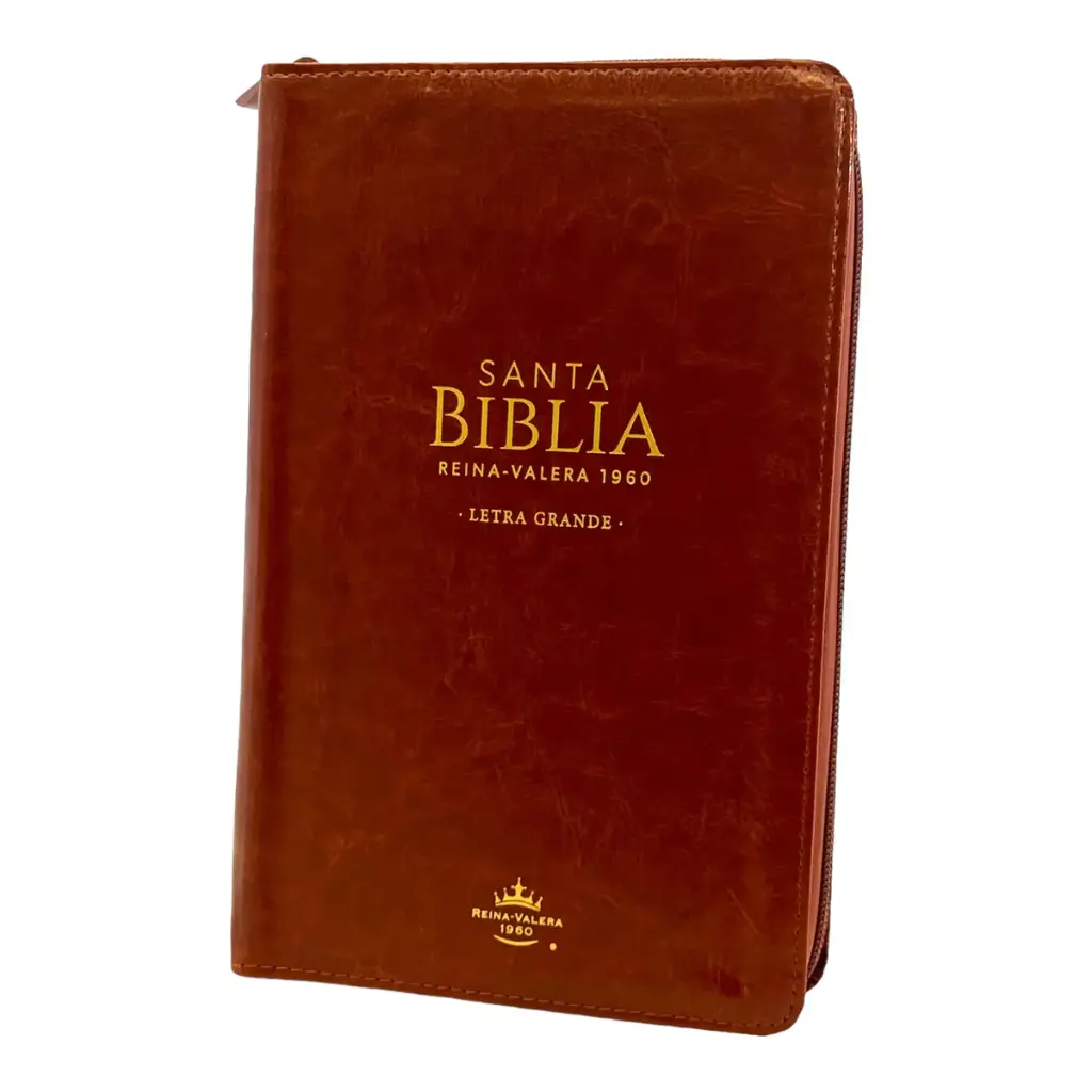 Biblia Reina Valera 1960 tamaño manual Letra Grande 12 puntos. Versículos seguidos. Imitación Piel café oscuro con cierre.