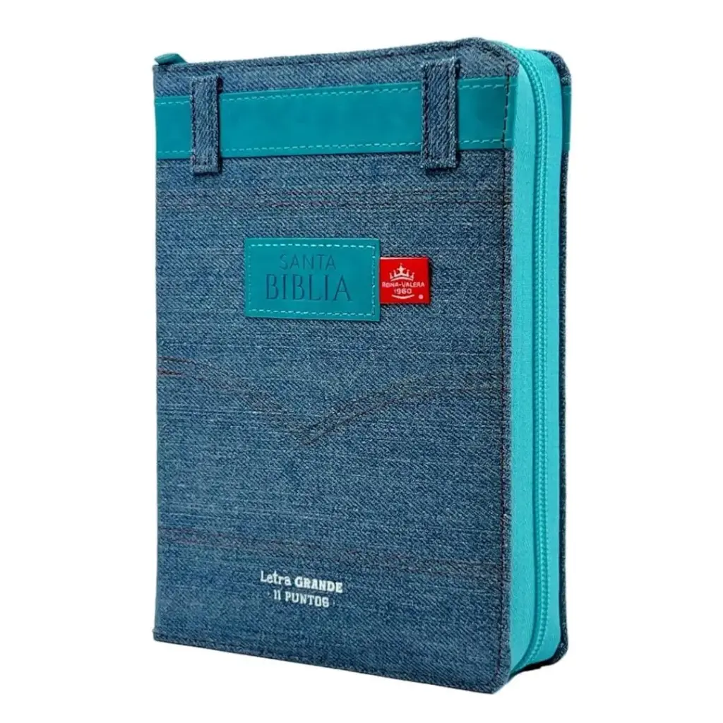 Biblia Reina Valera 1960 tamaño portátil Letra Grande 11 puntos cubierta tela jean con cinturón piel turquesa. Con cierre e índice. Colección Jean.