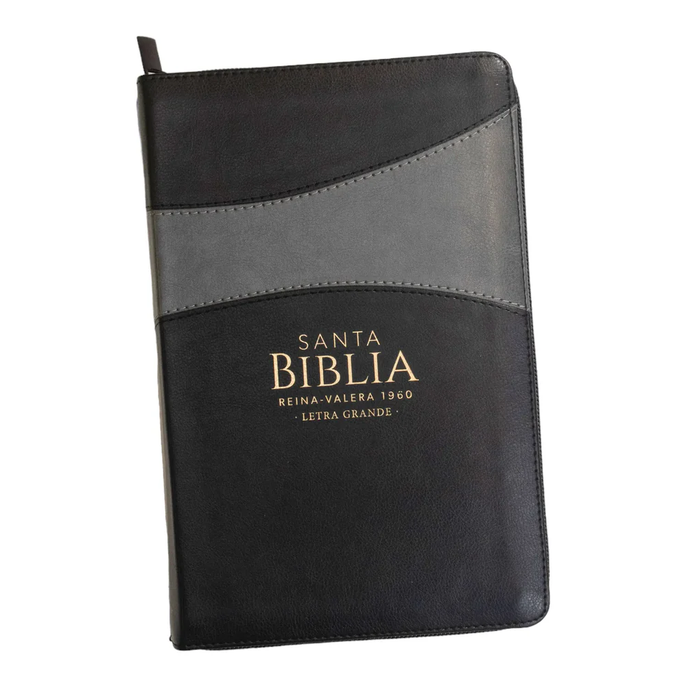 Biblia Reina Valera 1960 tamaño manual letra grande 12 puntos Imitación Piel negro/gris con cierre y con índice. Colección bitono
