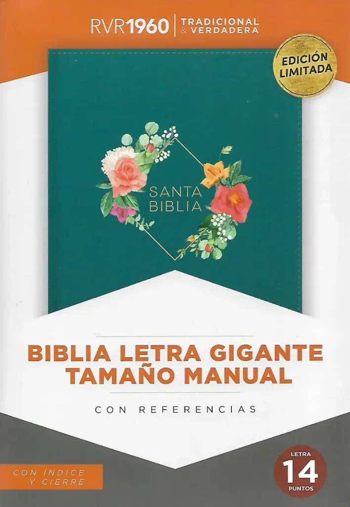 Biblia RVR60 Letra Gigante 14 Puntos Tamaño Manual Turquesa Floral Índice