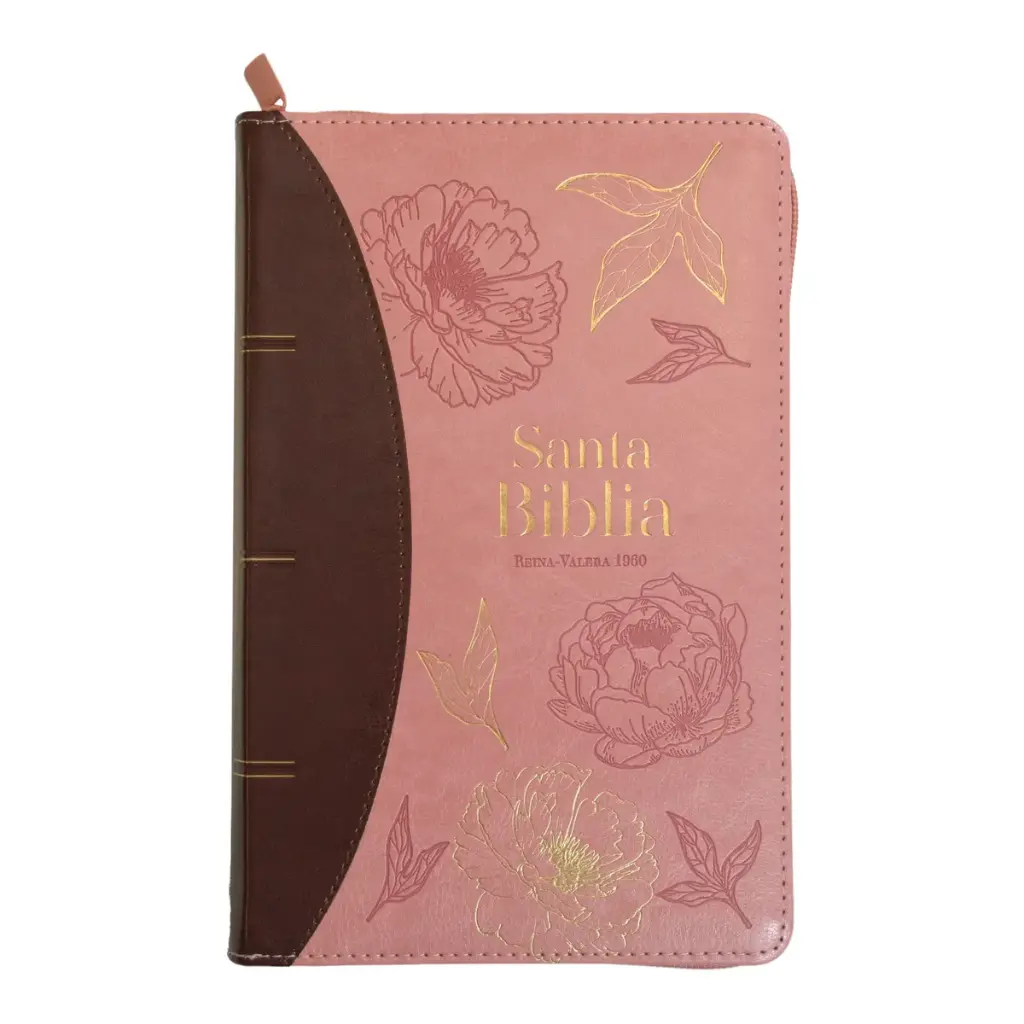 Biblia Reina Valera 1960 tamaño manual letra grande 12 puntos- Imitación Piel rosa/café filigranas primaverales con cierre y con índice. Colección Excelencia.