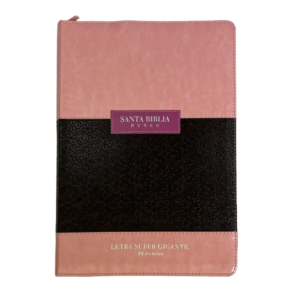 Biblia Reina Valera 1960, tamaño Súper Gigante (185x260 mm), Letra Súper Gigante 19 puntos. Imitación Piel rosa/café. Con cierre y con índice. Colección Abba Classic.