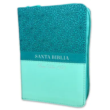 Biblia Reina Valera 1960 de bolsillo Imitación Piel Turquesa/Turquesa con flores. Cierre e índice. Colección bifloral.