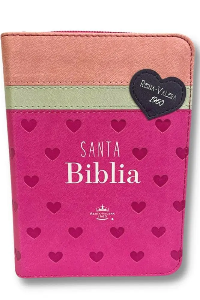 Biblia RVR1960 Bolsillo Primor Fucsia, Blanco, Rosa con Corazones