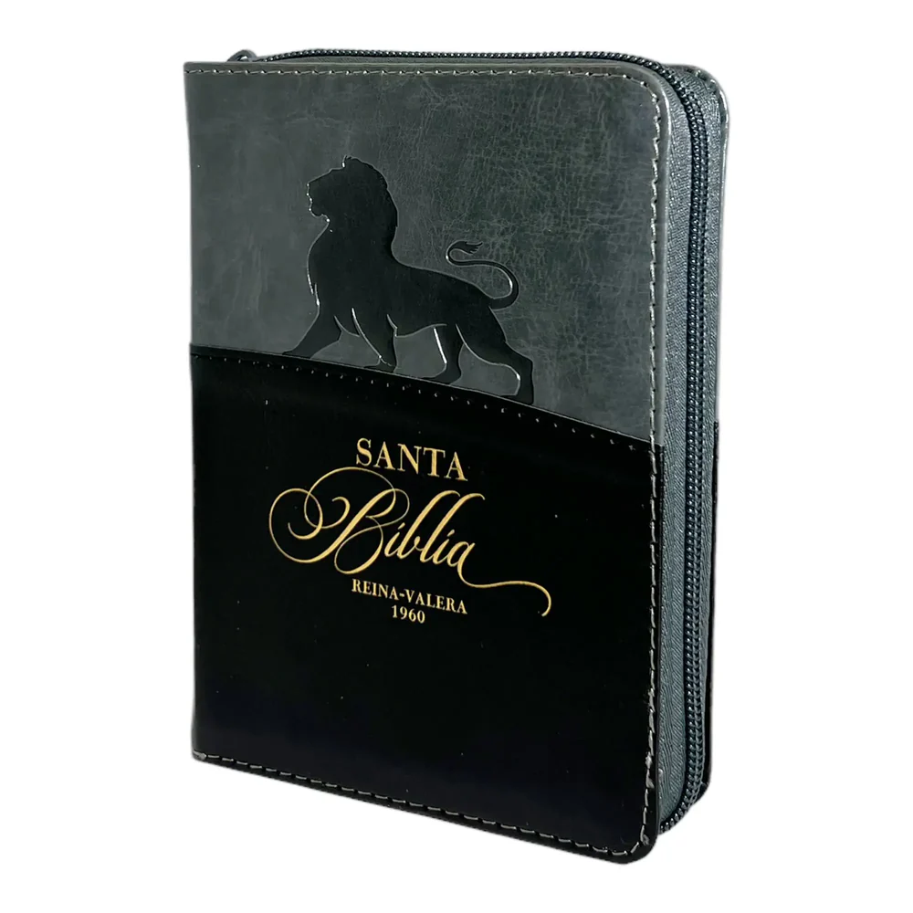 Biblia Reina Valera 1960 de bolsillo Imitación Piel Negro/Gris con León. Cierre e índice.Colección Expresión.