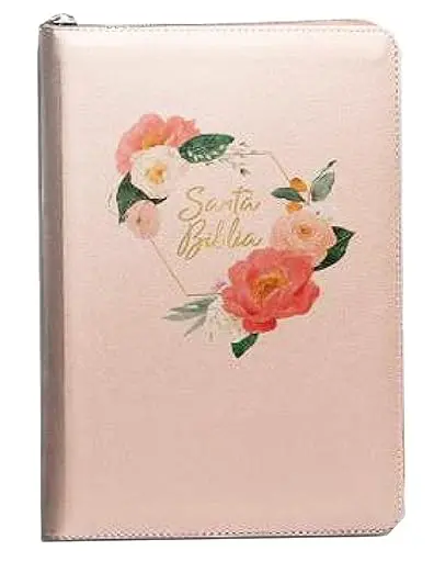 Biblia RVR60 Letra Grande tamaño manual con Cierre Índice Símil piel en color Durazno con flores (edición limitada)