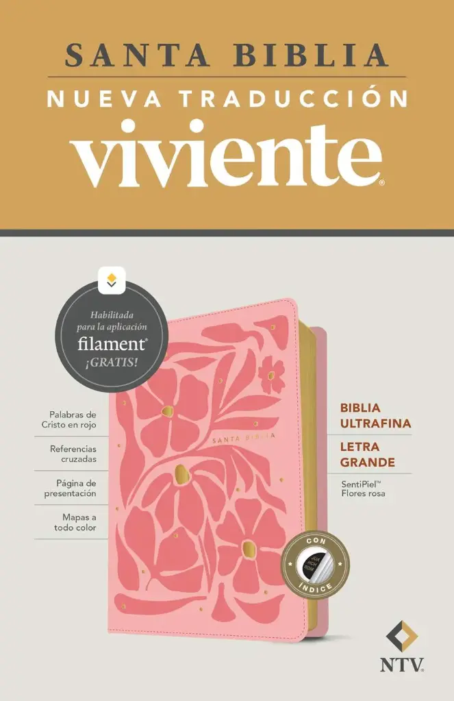 Biblia ultrafina NTV, letra grande con Filament (SentiPiel, Flores rosa, Índice, Letra Roja)
