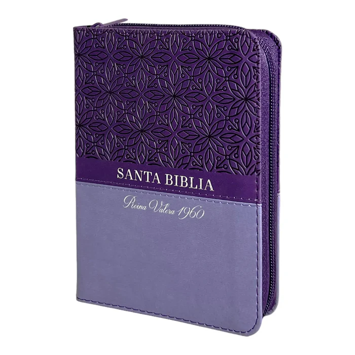 Biblia Reina Valera 1960 de bolsillo Imitación Piel Lila/lila con flores. Cierre e índice.Colección bifloral.