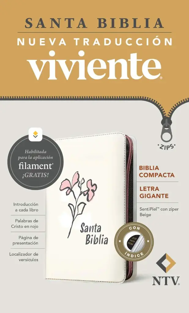 Biblia compacta NTV, letra gigante de zíper con Filament (SentiPiel, Beige, Índice, Letra Roja)