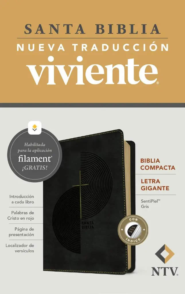 Biblia compacta NTV, letra gigante con Filament (SentiPiel, Gris, Índice, Letra Roja)