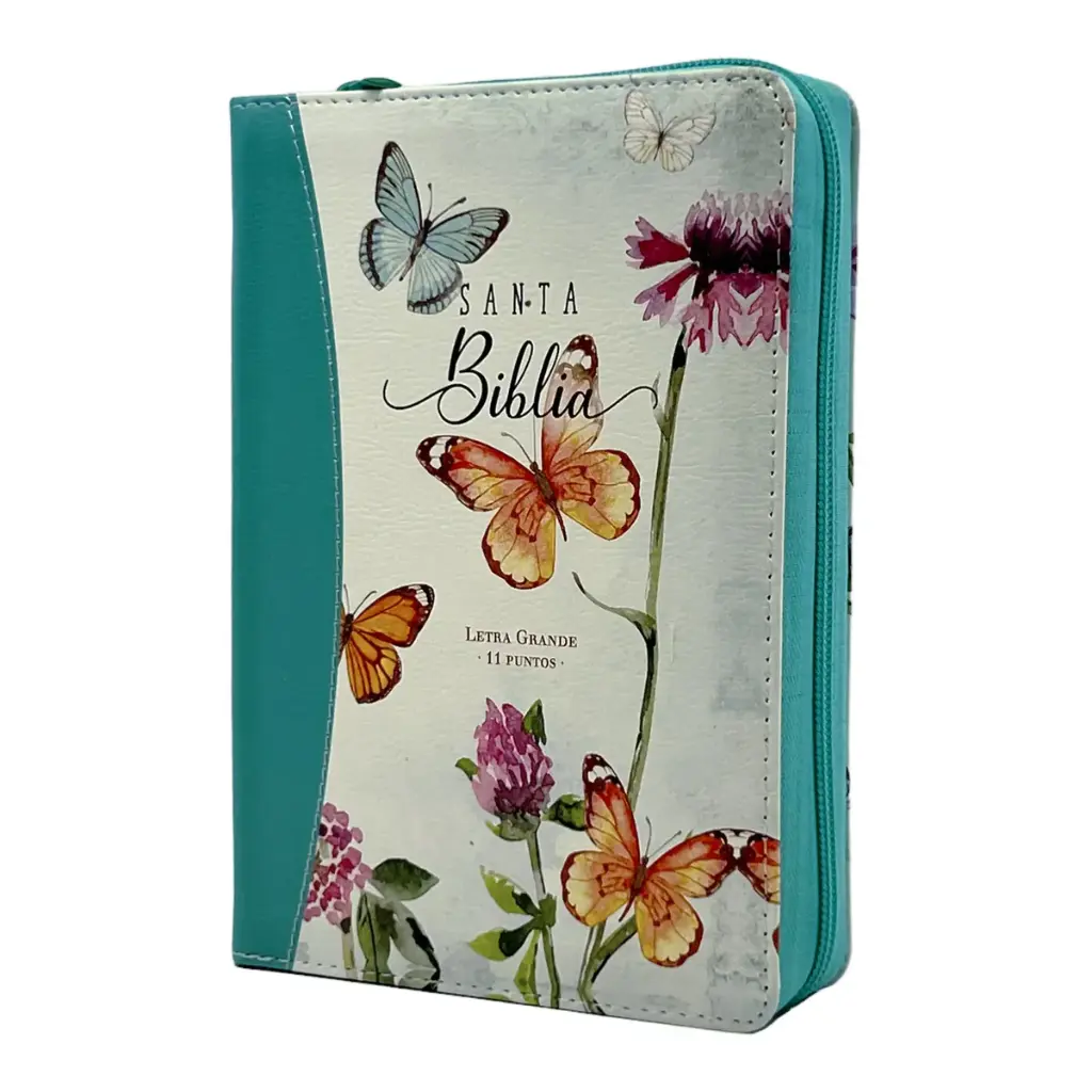 Biblia Reina Valera 1960 tamaño portátil Letra Grande 11 puntos Imitación Piel lila mariposas turquesa. Con cierre e índice. Canto pintado. Colección Maravillas.