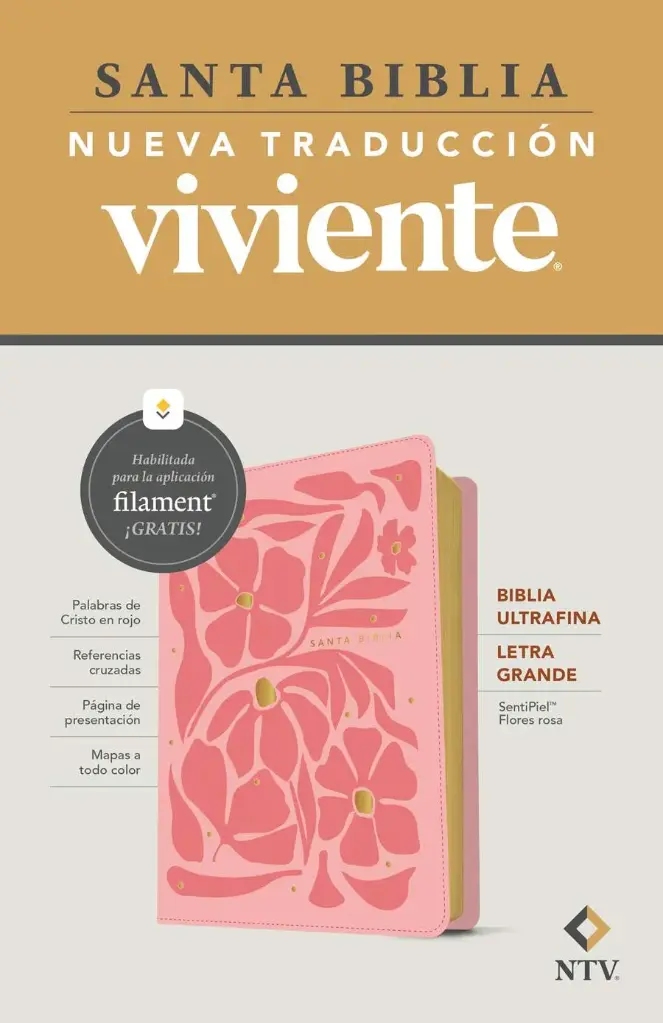 Biblia ultrafina NTV, letra grande con Filament (SentiPiel, Flores rosa, Letra Roja)