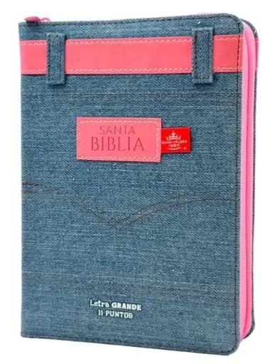 Biblia Reina Valera 1960 tamaño portátil Letra Grande 11 puntos cubierta tela jean con cinturón piel rosa. Con cierre e índice. Colección Jean