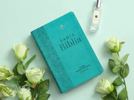 Biblia Rvr60 Turquesa Floral Super Gigante Letra 19 Puntos